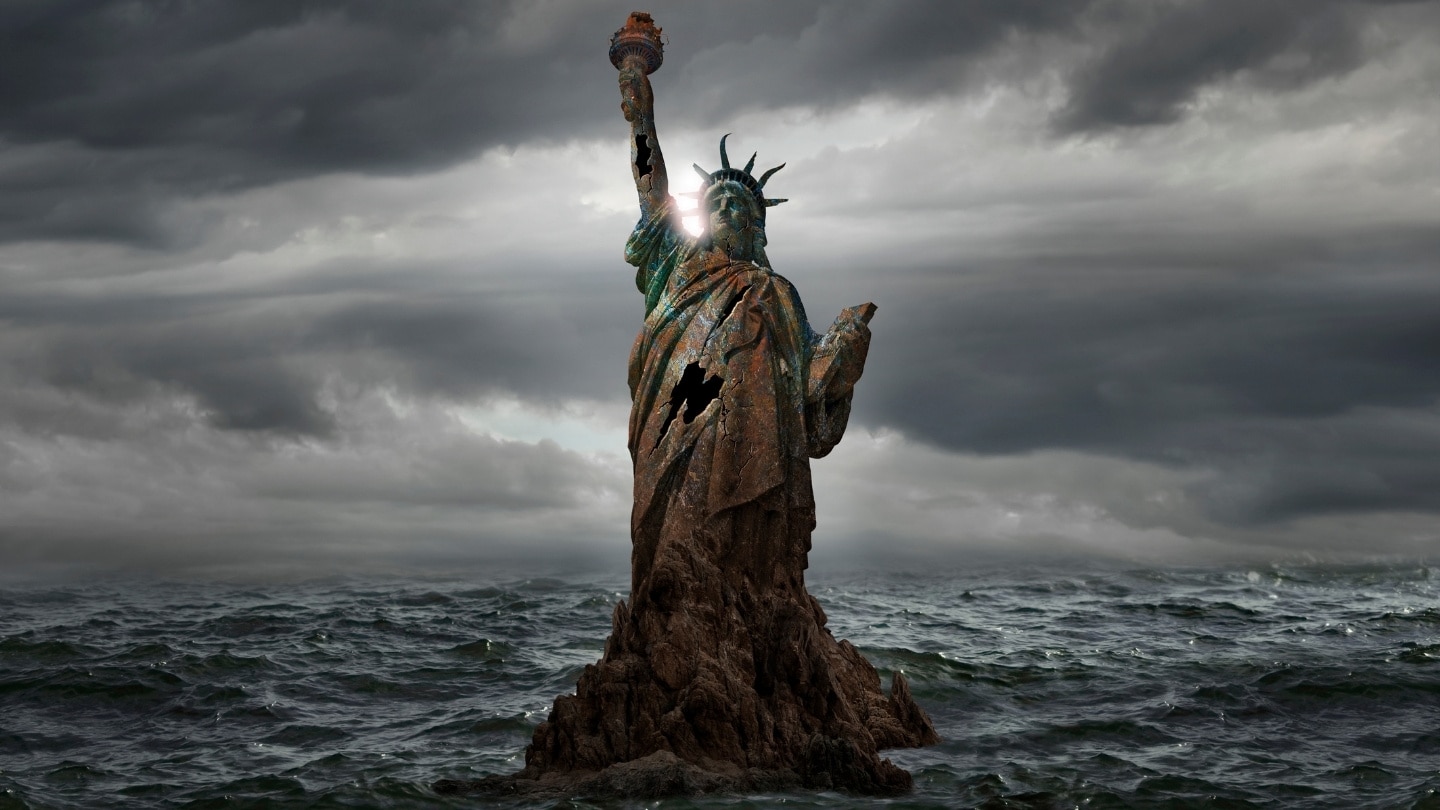 A decayed Statue of Liberty floating in flood water