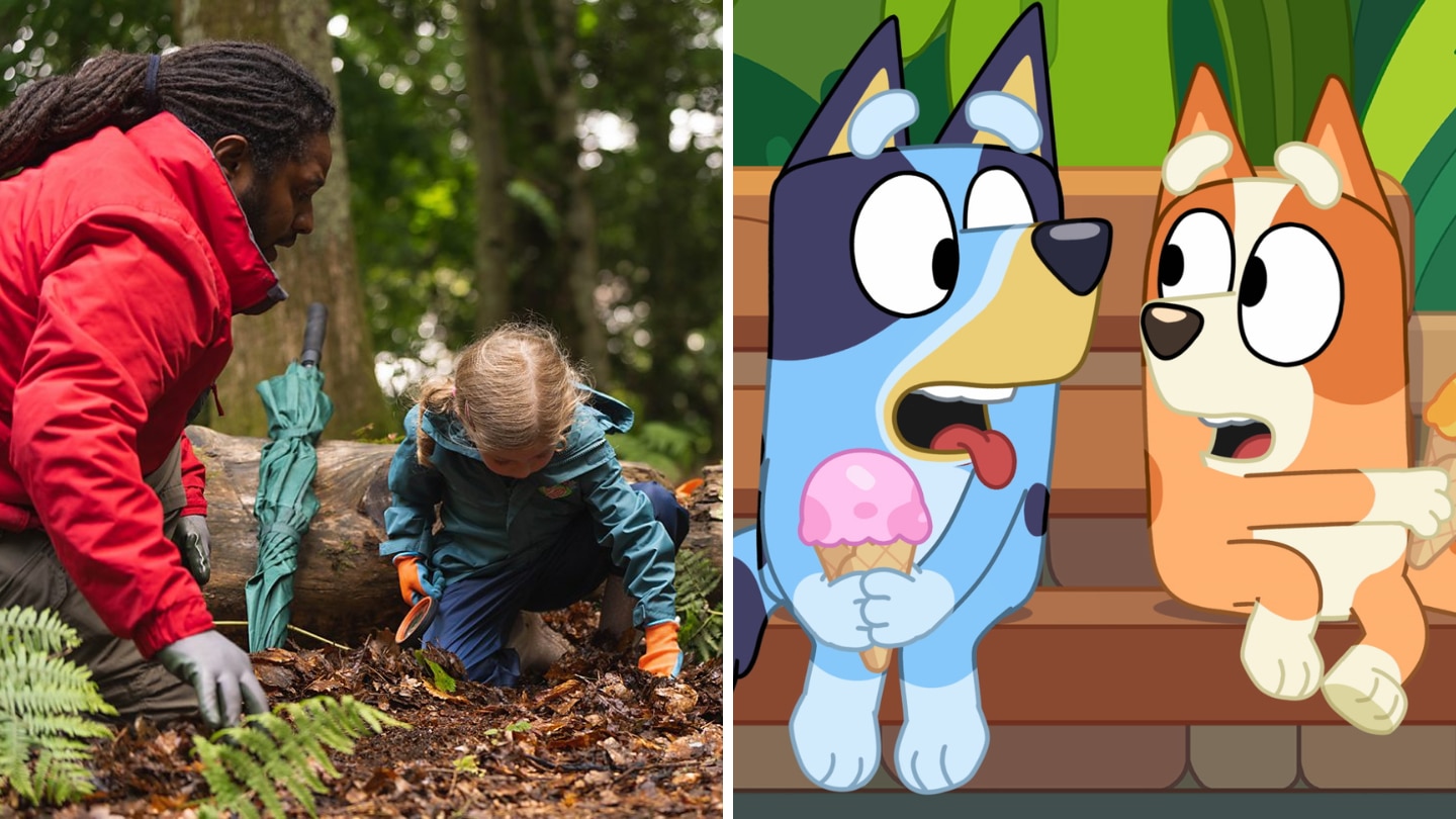 Collage of Ranger Hamza and a Rambler and Bluey and Bingo eating ice cream