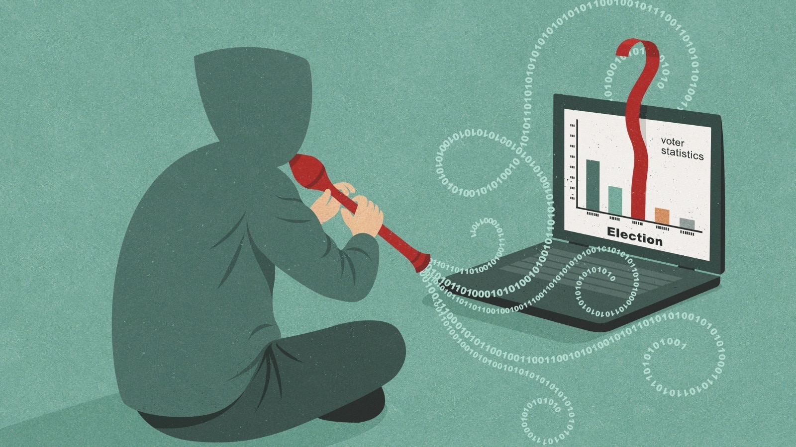 An illustration of a man using a flute-like instrument to manipulate data results on a laptop screen