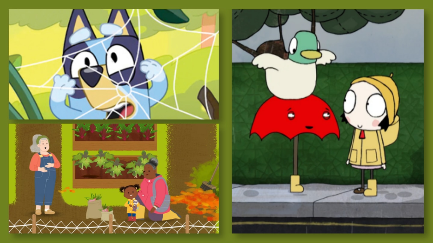 Collage of Bluey, Jojo and Gran Gran, and Sarah and Duck