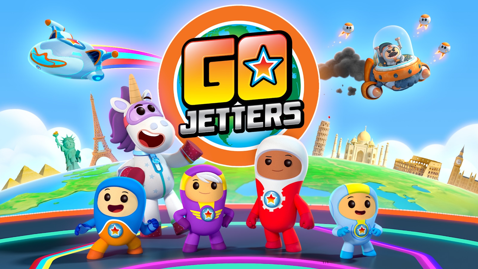 Go Jetters characters with logo in the background