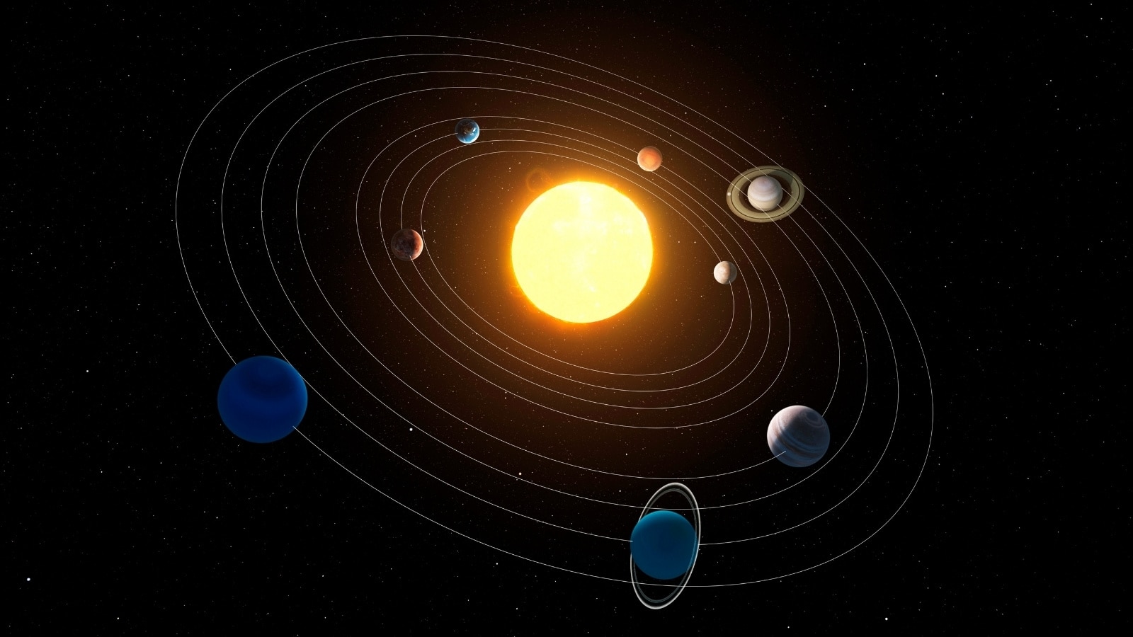 An illustration of the solar system showing the Sun in the center with eight planets orbiting around it